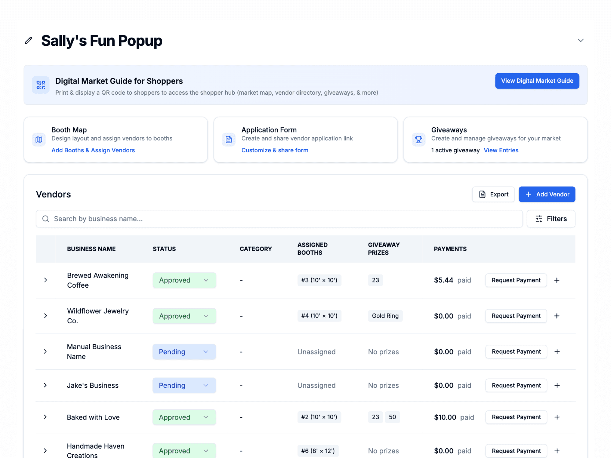 Interactive booth map designer showing vendor layout