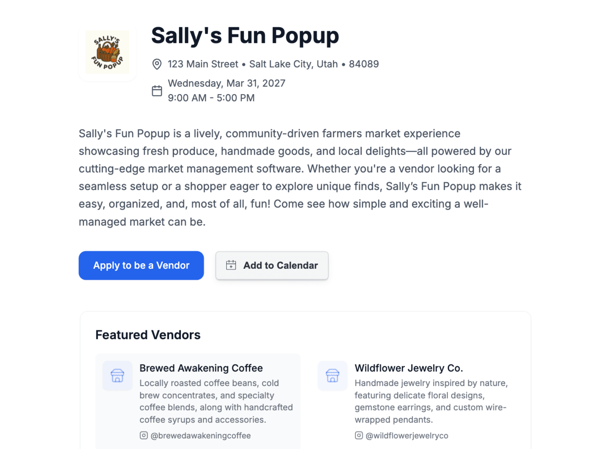 Example market page showing event details and vendor listings